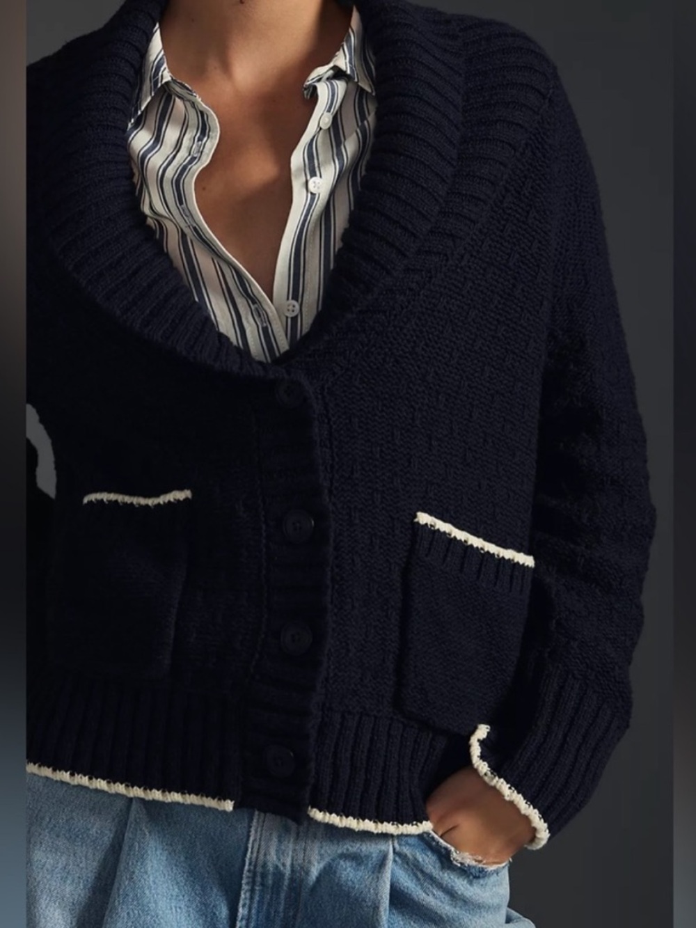 Anthropologie Maeve Seahorse Cardigan Sweater Navy Size Large Petite - Picture 3 of 10